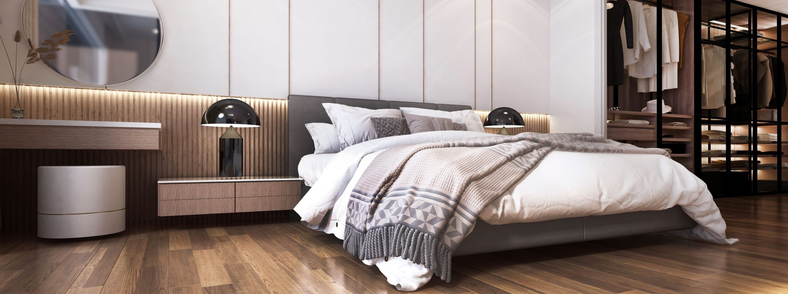 Moderne, luxuriöse, schöne Modellszene mit Schlafzimmer-Innenarchitektur und gemustertem Wandhintergrund und begehbarem Kleiderschrank
