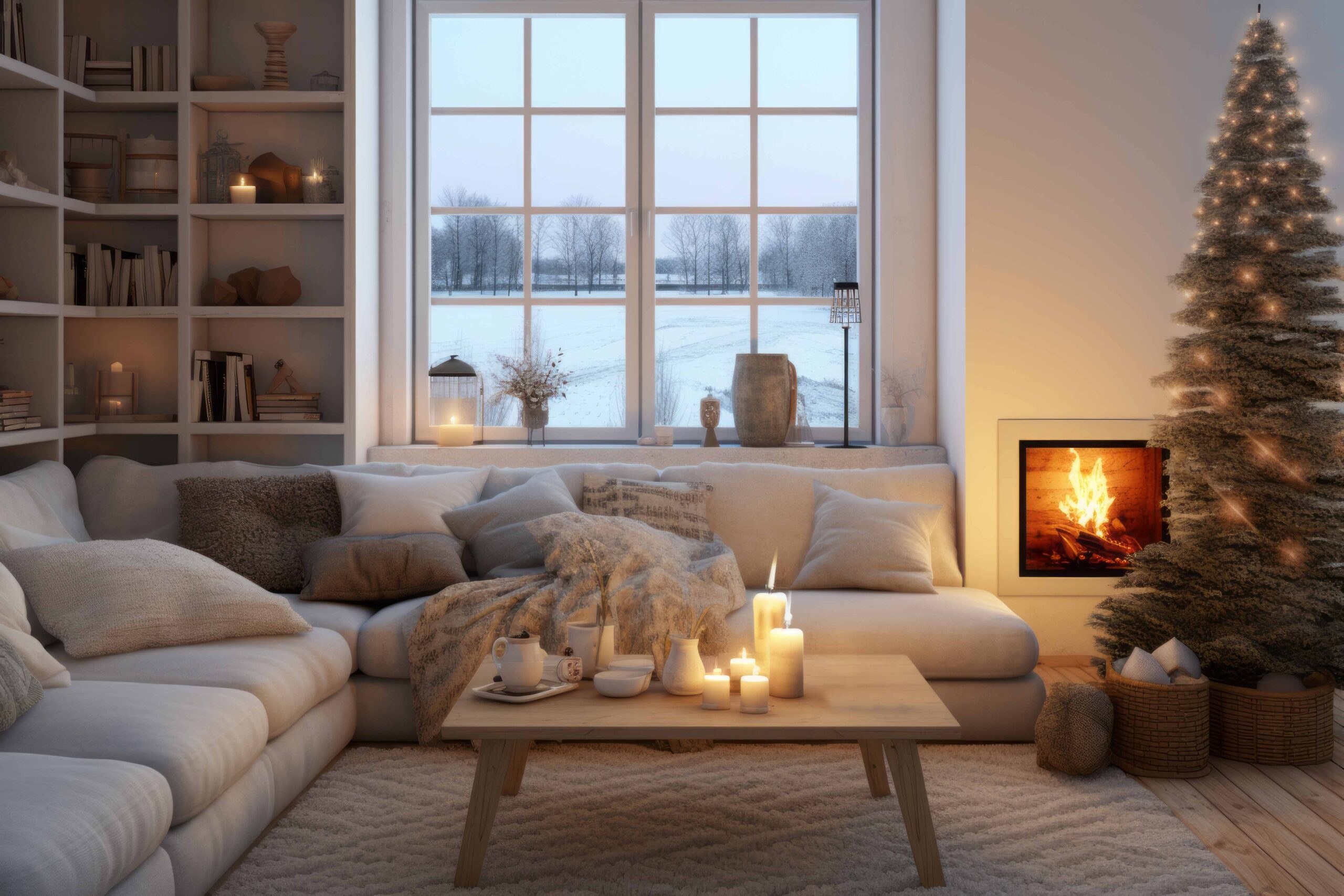 Generative KI Modernes festliches Innendesign mit Weihnachtsbaum, Kerzen im skandinavischen Stil und Kamin. Wohnzimmer mit Sofa und Holztisch. Blick auf verschneite Bäume durch Panoramafenster.